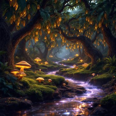 The primary subject of the image is a forest with a stream flowing through it. The setting is a lush, green environment with trees and mushrooms scattered throughout the scene. The visual style is a digital art or illustration, creating a vibrant and magical atmosphere. The colors are predominantly green, with some yellow and purple accents, giving the scene a serene and enchanting mood.